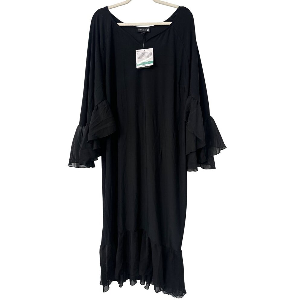 Antthony Womens 2X Black Dress Frilly Sleeves Hem Lightweight Elegant Design
